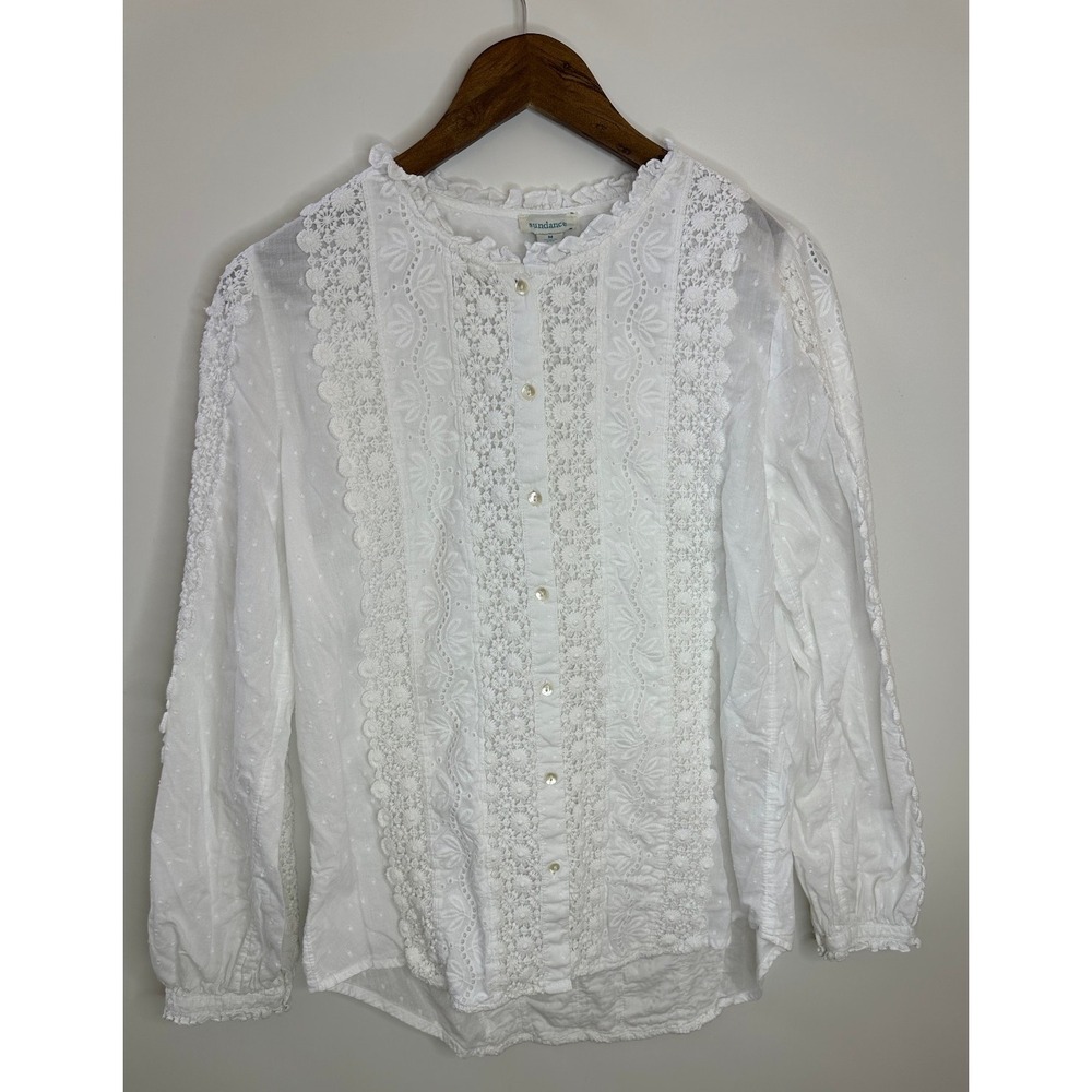 Sundance Embroidered Eyelet White Cotton Button Front Top Medium Intricat Floral - Picture 7 of 12